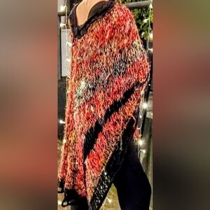 NWT Pink/Black Multi Recycled Silk Asymmetrical Hand Knitted Long Poncho